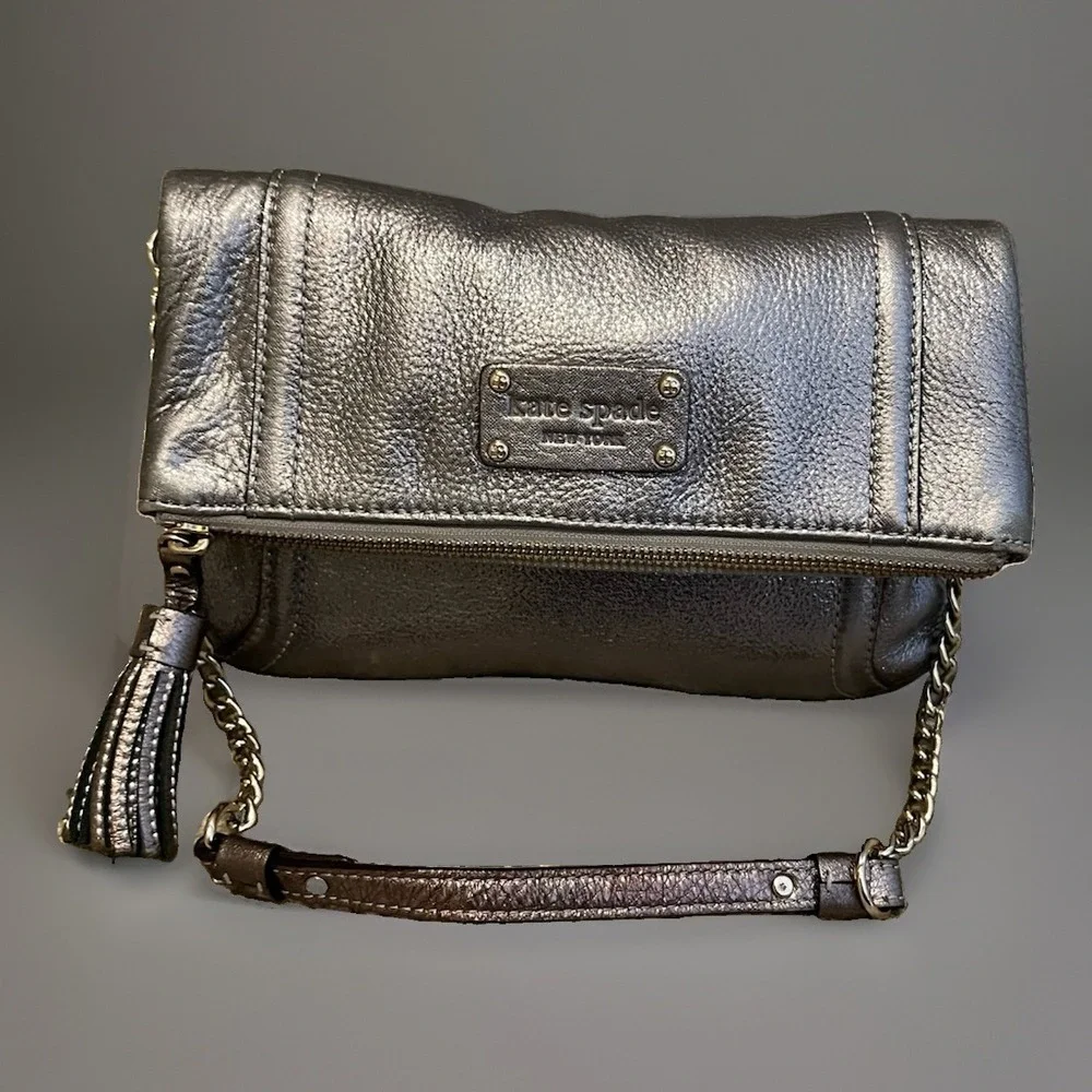 Kate Spade New York Metallic  Leather Pewter Bag Shoulder Chain Strap/clutch Y2k